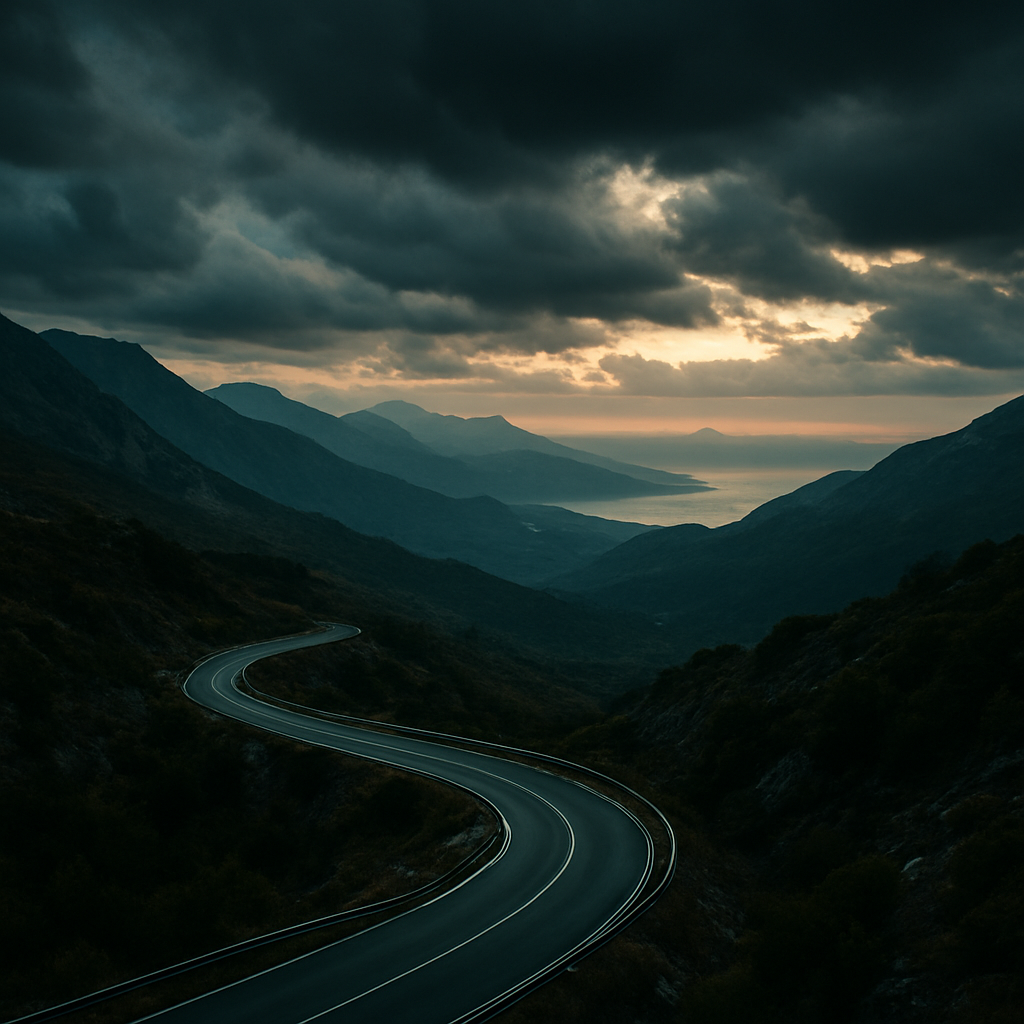 Winding road through the Albanian landscape at dawn